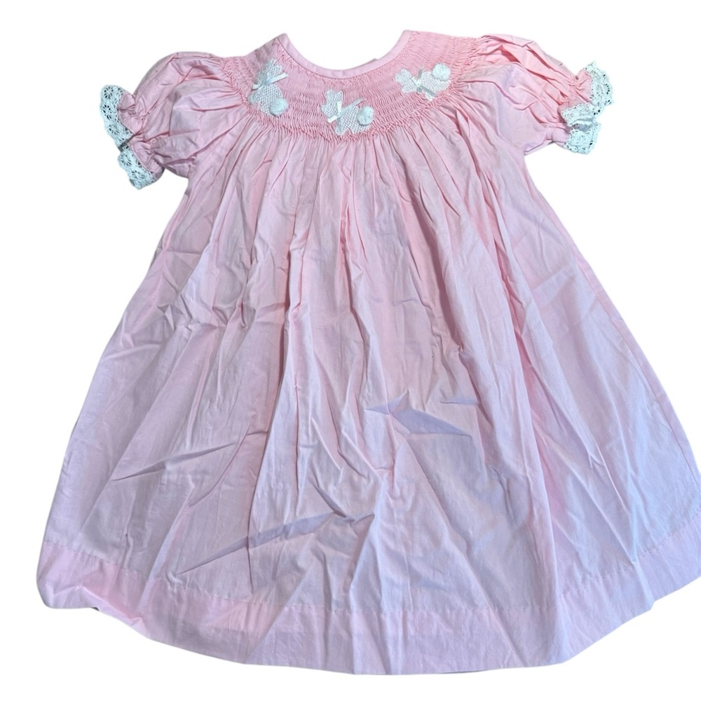 NWT Pleats & Stitches Smocked Pink White Bunny Easter Dress 18M